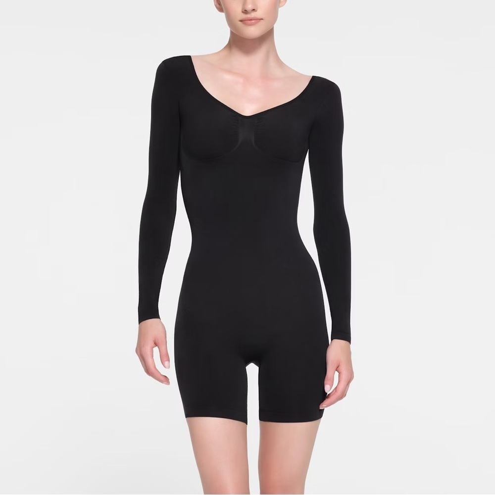 NWOT SKIMS SEAMLESS SCULPT LONG SLEEVE LOW BACK MID THIGH BODYSUIT - Size L|Onyx - Picture 2 of 5